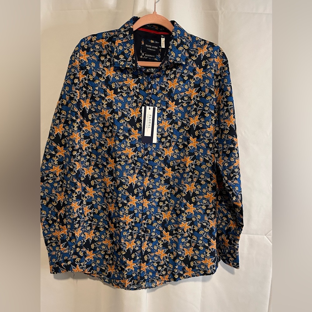 Men’s Silver Stone Floral Collection Modern Fit XL Button-Up Shirt
